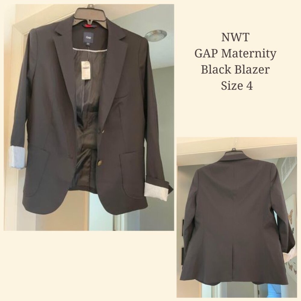 NWT GAP Maternity Classic Black Blazer with Striped Cuffs, Size 4